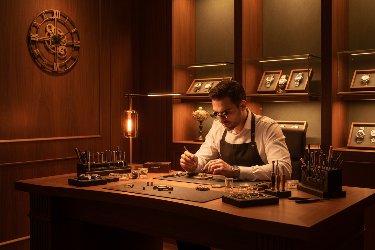 un taller de relojes elegante y moderno con un relojero, sin mucha luminosidad y tonos calidos